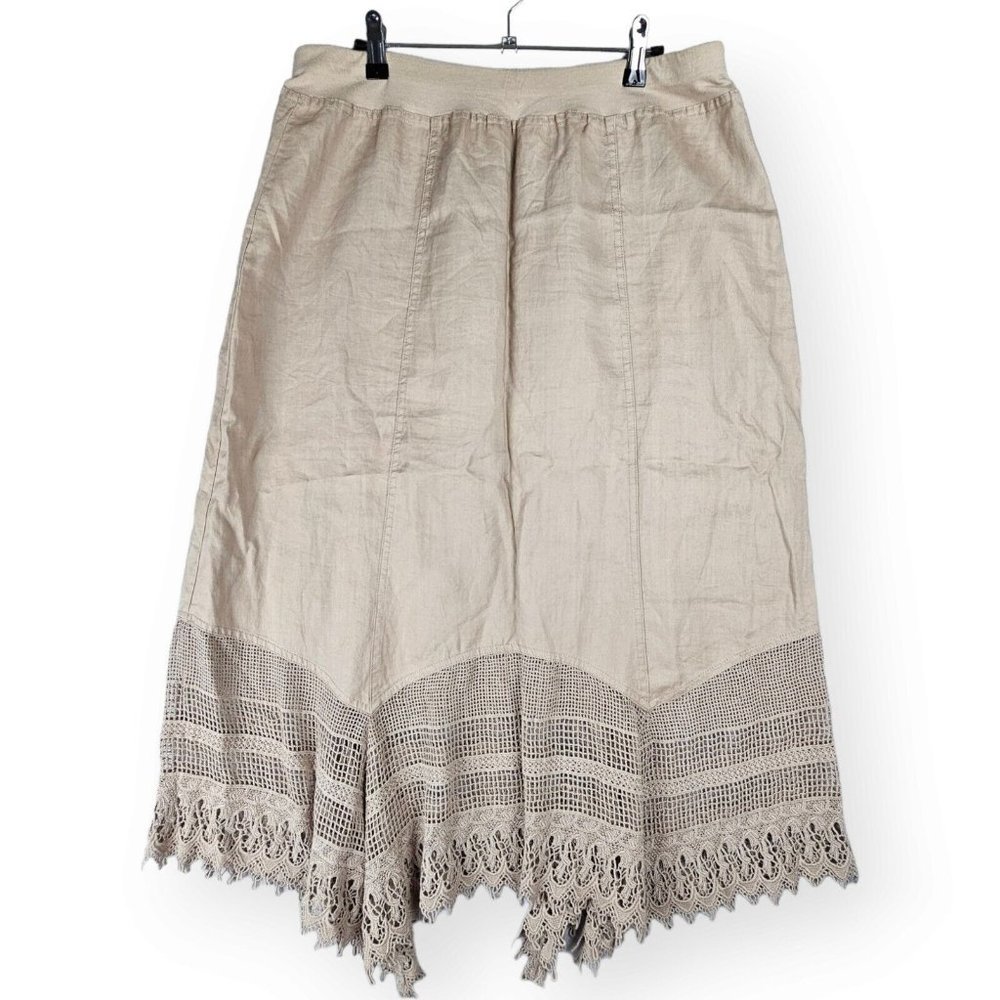 Chico’s Tan Cara Size 2 Medium Womens 12 Crochet Peasant Midi Skirt Flowy Modest
